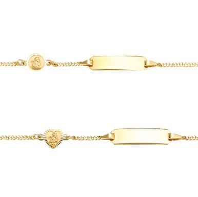 Zwei goldene Armbänder mit gravierbaren Platten und Herzanhänger.