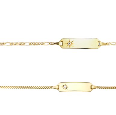 Goldene Kette mit graviertem Anhänger und einem kleinen Stein.