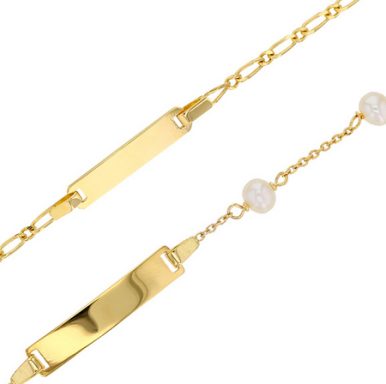 Goldene Kette mit länglichem Anhänger und kleinen Perlen.
